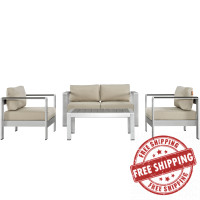 Modway EEI-2567-SLV-BEI Shore 4 Piece Outdoor Patio Aluminum Sectional Sofa Set In Silver Beige
