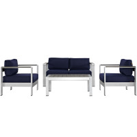 Modway EEI-2567-SLV-NAV Shore 4 Piece Outdoor Patio Aluminum Sectional Sofa Set In Silver Navy