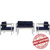 Modway EEI-2567-SLV-NAV Shore 4 Piece Outdoor Patio Aluminum Sectional Sofa Set In Silver Navy