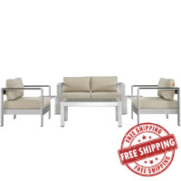 Modway EEI-2568-SLV-BEI Shore 6 Piece Outdoor Patio Aluminum Sectional Sofa Set In Silver Beige