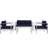 Modway EEI-2568-SLV-NAV Shore 6 Piece Outdoor Patio Aluminum Sectional Sofa Set In Silver Navy