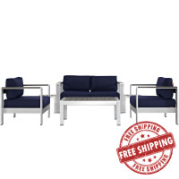 Modway EEI-2568-SLV-NAV Shore 6 Piece Outdoor Patio Aluminum Sectional Sofa Set In Silver Navy