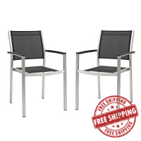 Modway EEI-2586-SLV-BLK-SET Shore Dining Chair Outdoor Patio Aluminum Set of 2 In Silver Black