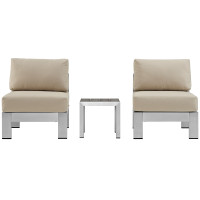 Modway EEI-2598-SLV-BEI Shore 3 Piece Outdoor Patio Aluminum Sectional Sofa Set In Silver Beige