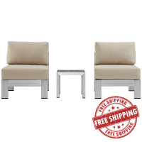 Modway EEI-2598-SLV-BEI Shore 3 Piece Outdoor Patio Aluminum Sectional Sofa Set In Silver Beige