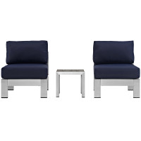 Modway EEI-2598-SLV-NAV Shore 3 Piece Outdoor Patio Aluminum Sectional Sofa Set In Silver Navy