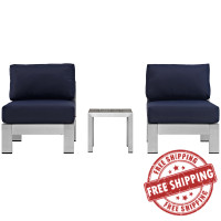 Modway EEI-2598-SLV-NAV Shore 3 Piece Outdoor Patio Aluminum Sectional Sofa Set In Silver Navy