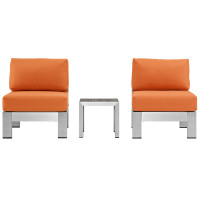 Modway EEI-2598-SLV-ORA Shore 3 Piece Outdoor Patio Aluminum Sectional Sofa Set In Silver Orange