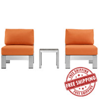 Modway EEI-2598-SLV-ORA Shore 3 Piece Outdoor Patio Aluminum Sectional Sofa Set In Silver Orange