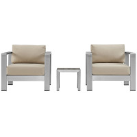 Modway EEI-2599-SLV-BEI Shore 3 Piece Outdoor Patio Aluminum Sectional Sofa Set In Silver Beige