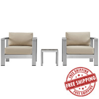 Modway EEI-2599-SLV-BEI Shore 3 Piece Outdoor Patio Aluminum Sectional Sofa Set In Silver Beige