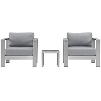 Modway EEI-2599-SLV-GRY Shore 3 Piece Outdoor Patio Aluminum Sectional Sofa Set In Silver Gray