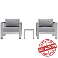 Modway EEI-2599-SLV-GRY Shore 3 Piece Outdoor Patio Aluminum Sectional Sofa Set In Silver Gray