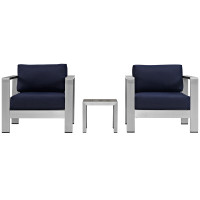 Modway EEI-2599-SLV-NAV Shore 3 Piece Outdoor Patio Aluminum Sectional Sofa Set In Silver Navy