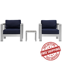 Modway EEI-2599-SLV-NAV Shore 3 Piece Outdoor Patio Aluminum Sectional Sofa Set In Silver Navy