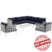 Modway EEI-2619-WHI-NAV-SET Harmony 8 Piece Outdoor Patio Aluminum Sectional Sofa Set