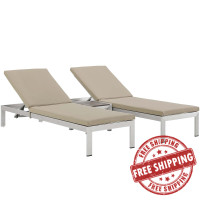 Modway EEI-2736-SLV-BEI-SET Shore 3 Piece Outdoor Patio Aluminum Chaise with Cushions