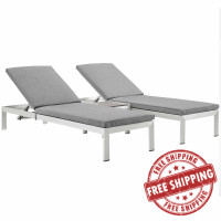 Modway EEI-2736-SLV-GRY-SET Shore 3 Piece Outdoor Patio Aluminum Chaise with Cushions