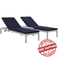 Modway EEI-2736-SLV-NAV-SET Shore 3 Piece Outdoor Patio Aluminum Chaise with Cushions in Silver Navy