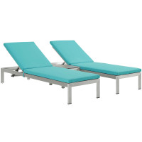Modway EEI-2736-SLV-TRQ-SET Shore 3 Piece Outdoor Patio Aluminum Chaise with Cushions