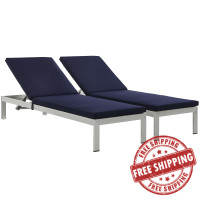 Modway EEI-2737-SLV-NAV-SET Shore Set of 2 Outdoor Patio Aluminum Chaise with Cushions in Silver Navy