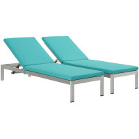 Modway EEI-2737-SLV-TRQ-SET Shore Set of 2 Outdoor Patio Aluminum Chaise with Cushions in Silver Turquoise
