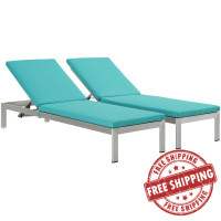 Modway EEI-2737-SLV-TRQ-SET Shore Set of 2 Outdoor Patio Aluminum Chaise with Cushions in Silver Turquoise