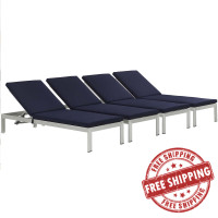 Modway EEI-2738-SLV-NAV-SET Shore Set of 4 Outdoor Patio Aluminum Chaise with Cushions in Silver Navy