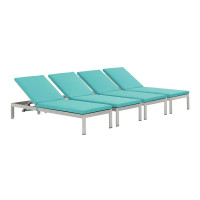 Modway EEI-2738-SLV-TRQ-SET Shore Set of 4 Outdoor Patio Aluminum Chaise with Cushions in Silver Turquoise
