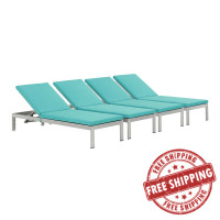 Modway EEI-2738-SLV-TRQ-SET Shore Set of 4 Outdoor Patio Aluminum Chaise with Cushions in Silver Turquoise