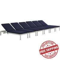 Modway EEI-2739-SLV-NAV-SET Shore Set of 6 Outdoor Patio Aluminum Chaise with Cushions in Silver Navy