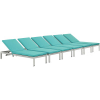 Modway EEI-2739-SLV-TRQ-SET Shore Set of 6 Outdoor Patio Aluminum Chaise with Cushions in Silver Turquoise