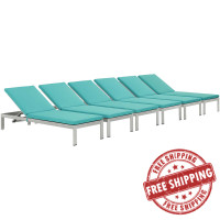 Modway EEI-2739-SLV-TRQ-SET Shore Set of 6 Outdoor Patio Aluminum Chaise with Cushions in Silver Turquoise