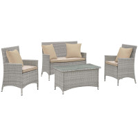 Modway EEI-2763-LGR-BEI Bridge 4 Piece Outdoor Patio Patio Conversation Set with Pillow Set Light Gray Beige