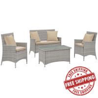 Modway EEI-2763-LGR-BEI Bridge 4 Piece Outdoor Patio Patio Conversation Set with Pillow Set Light Gray Beige