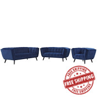 Modway EEI-2978-NAV-SET Bestow 3 Piece Performance Velvet Sofa Loveseat and Armchair Set