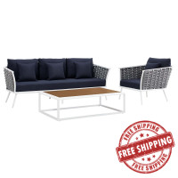 Modway EEI-3166-WHI-NAV-SET Stance 3 Piece Outdoor Patio Aluminum Sectional Sofa Set