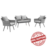 Modway EEI-3175-GRY-GRY-SET Endeavor 3 Piece Outdoor Patio Wicker Rattan Sectional Sofa Set