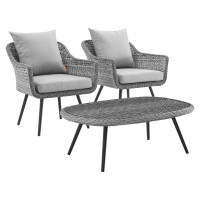 Modway EEI-3179-GRY-GRY-SET Endeavor 3 Piece Outdoor Patio Wicker Rattan Sectional Sofa Set