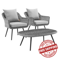 Modway EEI-3179-GRY-GRY-SET Endeavor 3 Piece Outdoor Patio Wicker Rattan Sectional Sofa Set