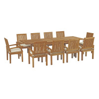 Modway EEI-3283-NAT-WHI-SET Marina 11 Piece Outdoor Patio Teak Outdoor Dining Set