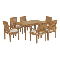 Modway EEI-3292-NAT-WHI-SET Marina 7 Piece Outdoor Patio Teak Outdoor Dining Set