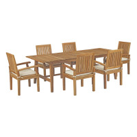 Modway EEI-3308-NAT-WHI-SET Marina 7 Piece Outdoor Patio Teak Outdoor Dining Set
