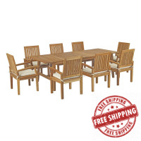 Modway EEI-3312-NAT-WHI-SET Marina 9 Piece Outdoor Patio Teak Outdoor Dining Set