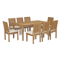 Modway EEI-3315-NAT-WHI-SET Marina 9 Piece Outdoor Patio Teak Outdoor Dining Set