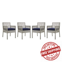 Modway EEI-3594-GRY-NAV Aura Dining Armchair Outdoor Patio Wicker Rattan Set of 4