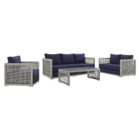 Modway EEI-3596-GRY-NAV-SET Aura 4 Piece Outdoor Patio Wicker Rattan Set