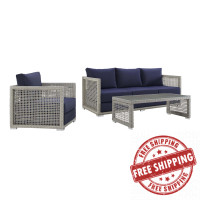 Modway EEI-3599-GRY-NAV-SET Aura 3 Piece Outdoor Patio Wicker Rattan Set