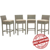 Modway EEI-3602-LGR-BEI Conduit Bar Stool Outdoor Patio Wicker Rattan Set of 4