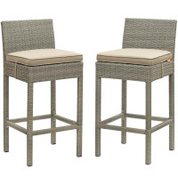 Modway EEI-3604-LGR-BEI Conduit Bar Stool Outdoor Patio Wicker Rattan Set of 2
